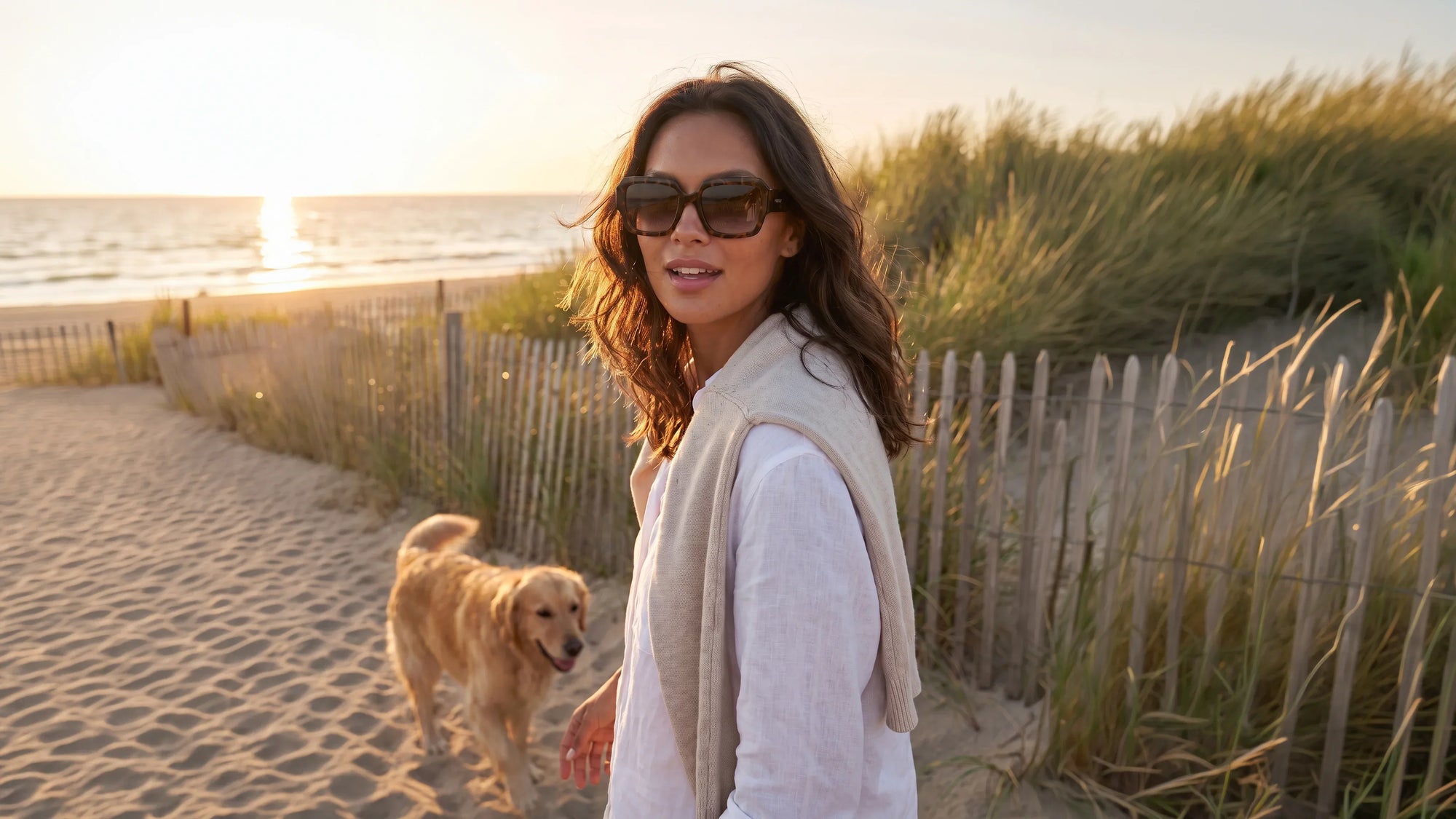 Velvet Eyewear sunglass style Angel on model at the beach in late summer