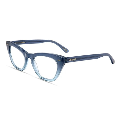 Stevie Gradient Blue bio-based cat-eye readers and blue light glasses for women, medium fit 51-20-138.