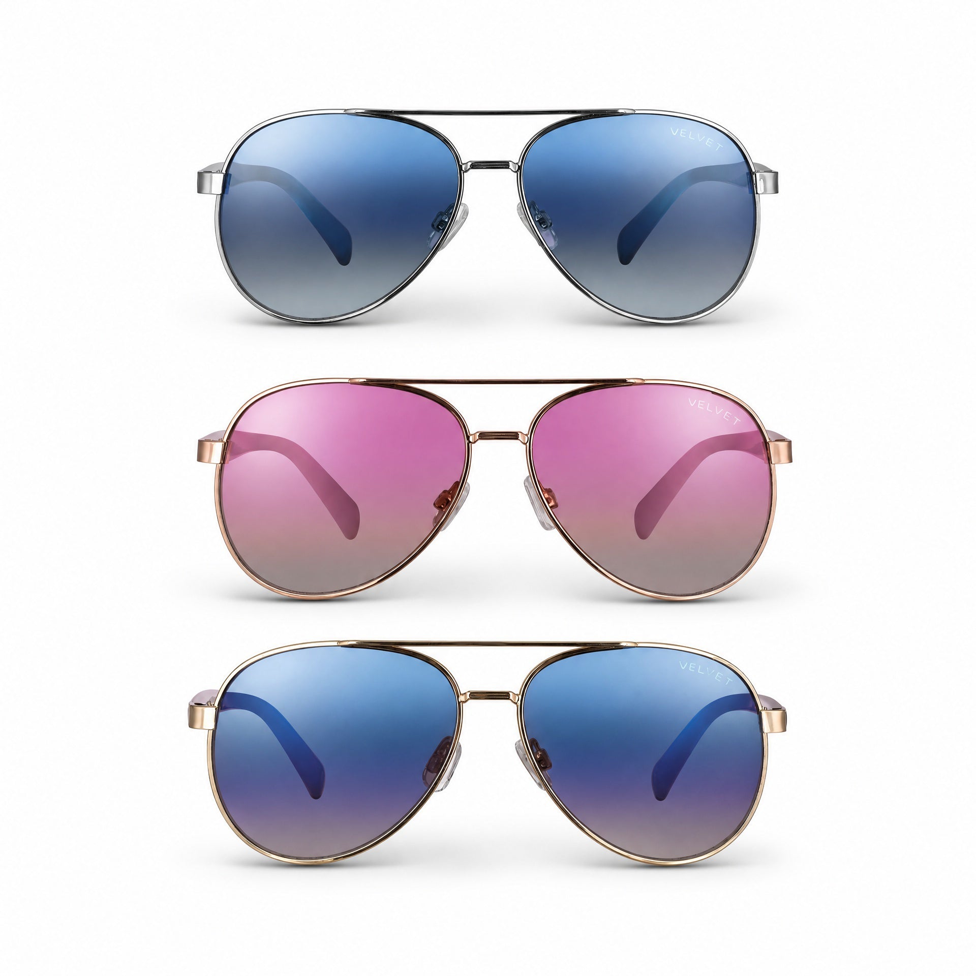 Three pairs of the Bonnie aviator sunglasses in the Velvet Eyewear Aviator Flash Sunglass Style Box. Each with different mirrored lens colors and gold, silver and rose gold frame colors. 