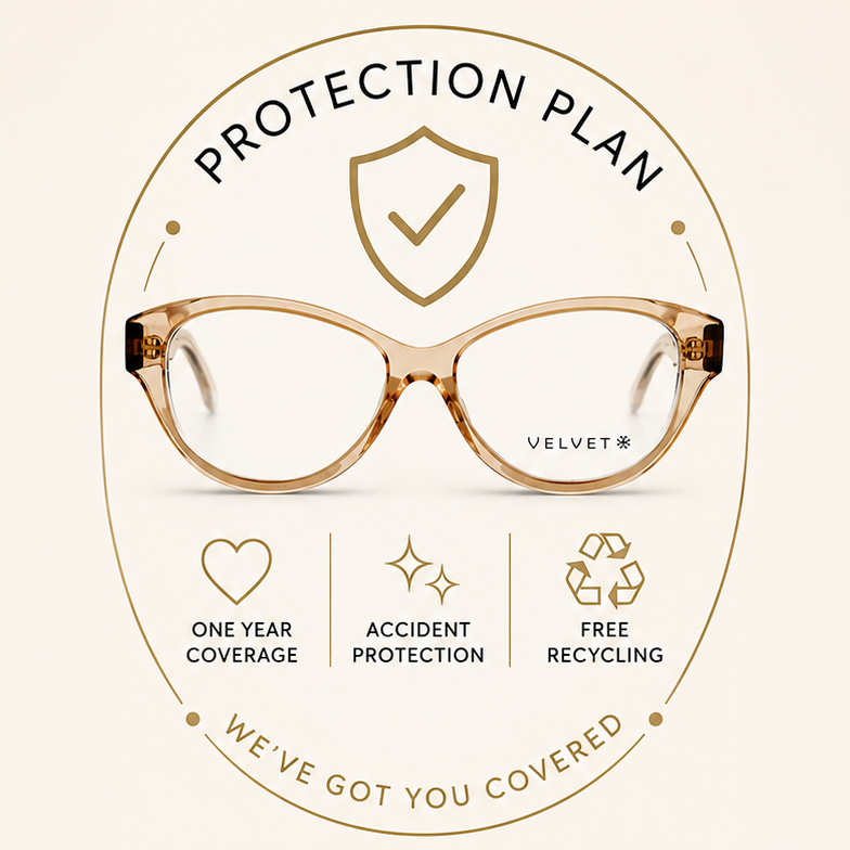 Velvet Eyewear® Optical Protection Plan providing one year of accidental damage coverage for prescription eyeglasses and lenses