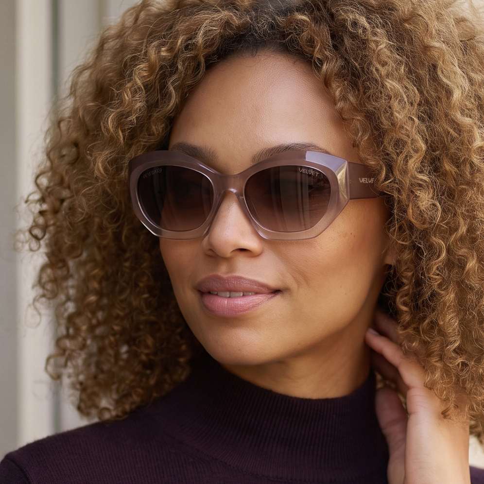 Alice polarized oversized cat eye sunglass style for Women by Velvet Eyewear. Best for Oval, Square and Heart Face Shapes. Best for seasonal color palettes Spring, Summer and Fall. Worn by our model.