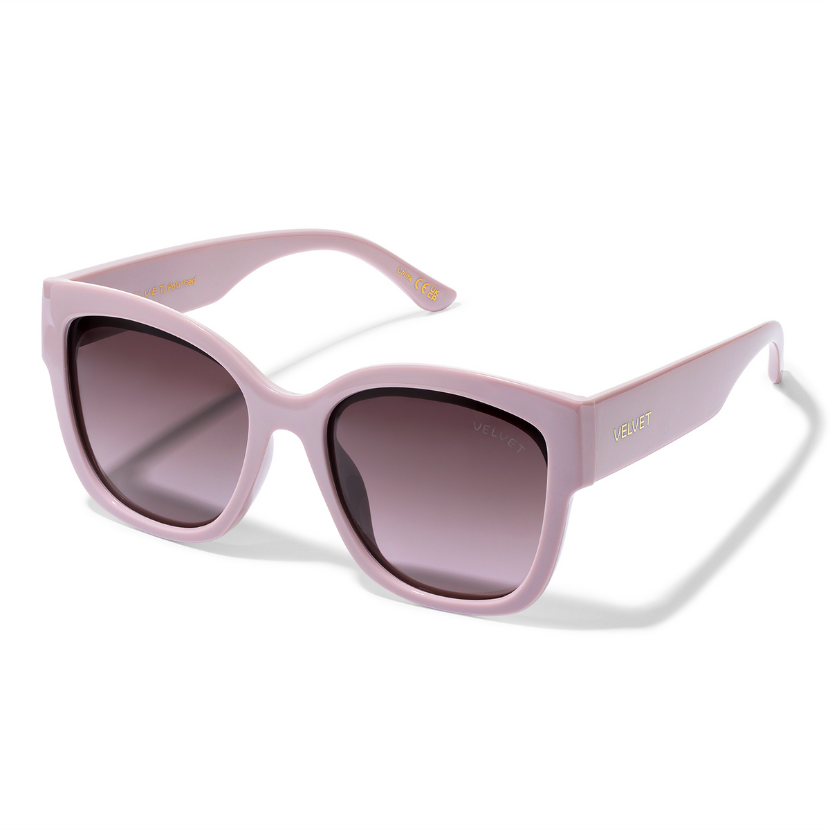 Jane by Velvet Eyewear. Polarized sunglass in lavender. Designed for Oval, Square, and Heart Face Shapes. Great for all seasonal color palettes. Side view.