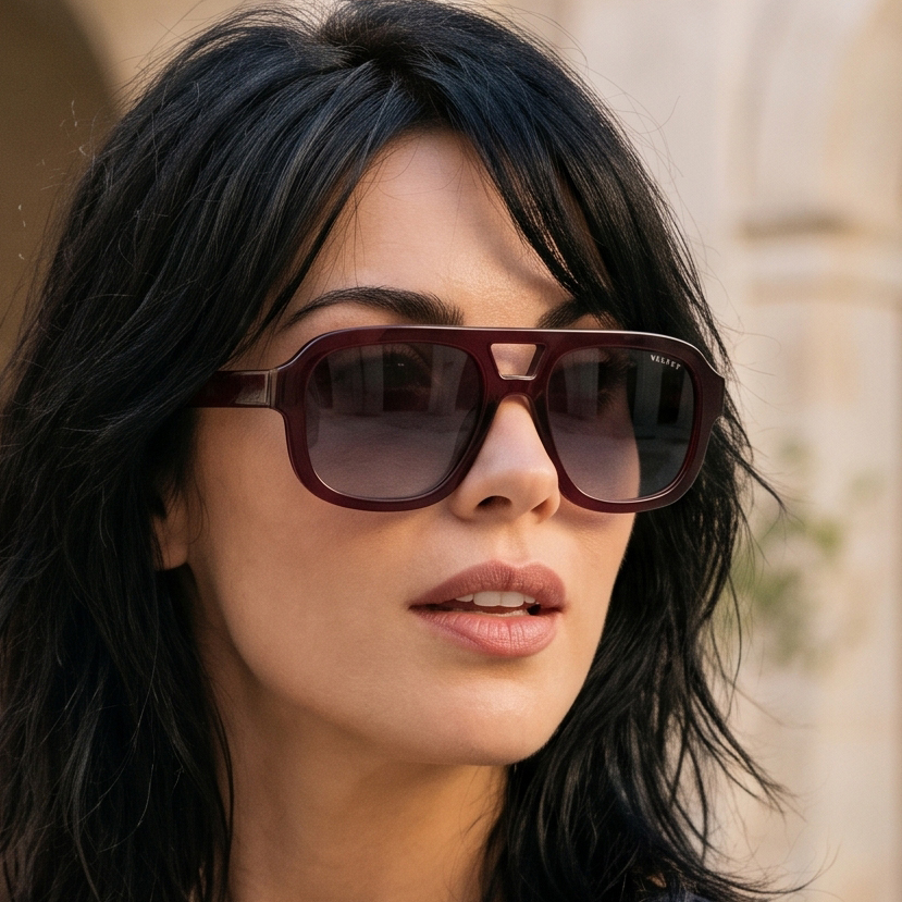 Front view of the Dani color burgundy polarized sunglass style for Women by Velvet Eyewear. Best for Oval, Round, and Heart Face Shapes. Best for seasonal color palettes Summer, Autumn and Winter. Lifestyle image.