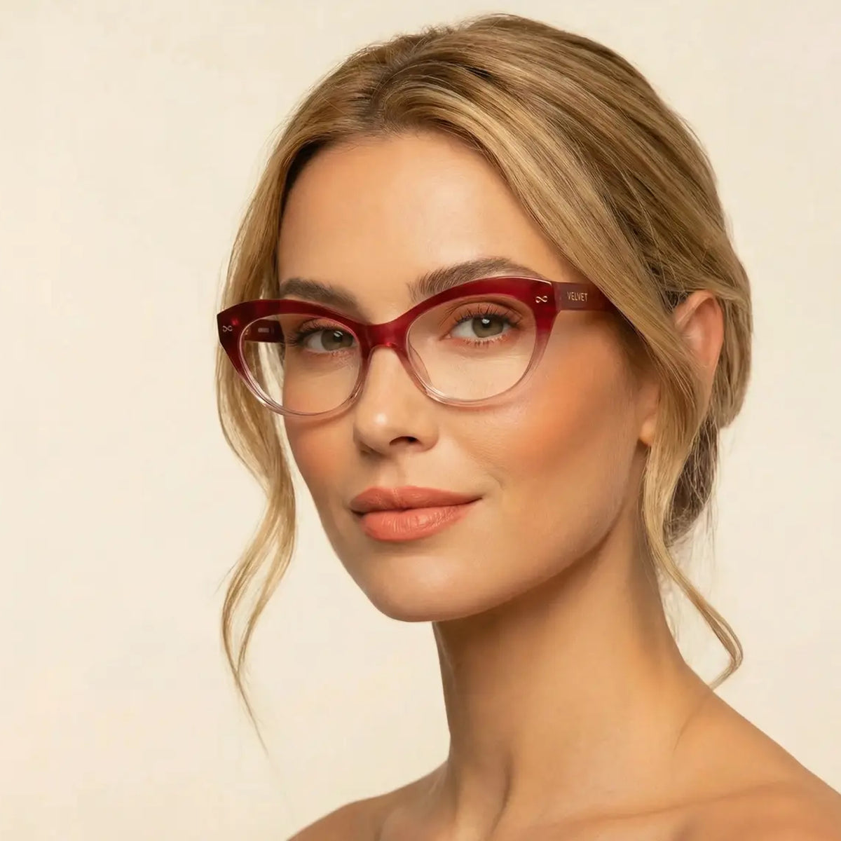 Velvet Eyewear® red gradient Minnie optical frames, square portrait for heart face shapes and Spring and Summer seasonal color palettes, worn by a model