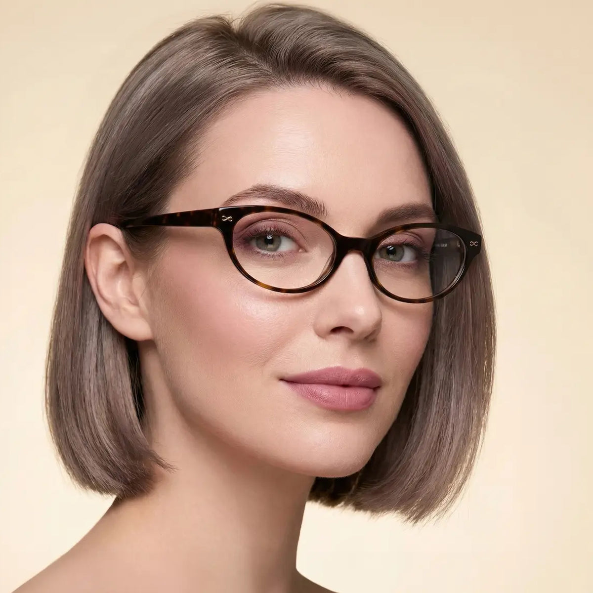 Velvet Eyewear® Kat tortoise optical frames, square portrait for oval face shapes and Autumn seasonal color palette styling, worn by a model and as seen on Hailey Bieber