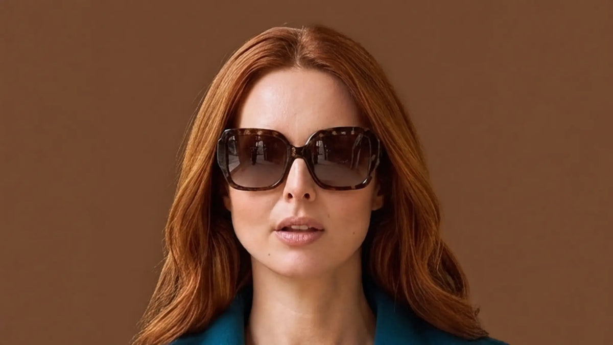 Velvet Eyewear® Angel polarized tortoise oversized sunglasses, wide portrait for round face shapes and all seasonal color palettes, especially Autumn, worn by a model