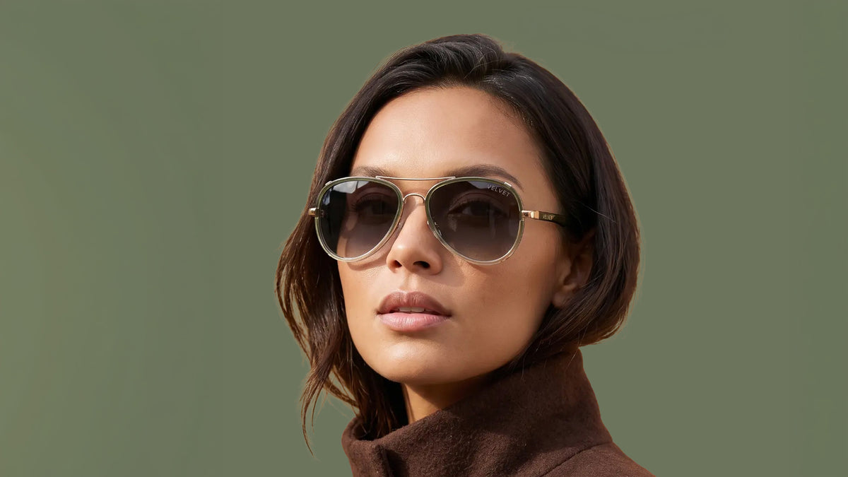 Velvet Eyewear® Gloria mint aviator sunglasses, wide portrait for square face shapes and Spring, Summer and Autumn seasonal color palettes, worn by a model