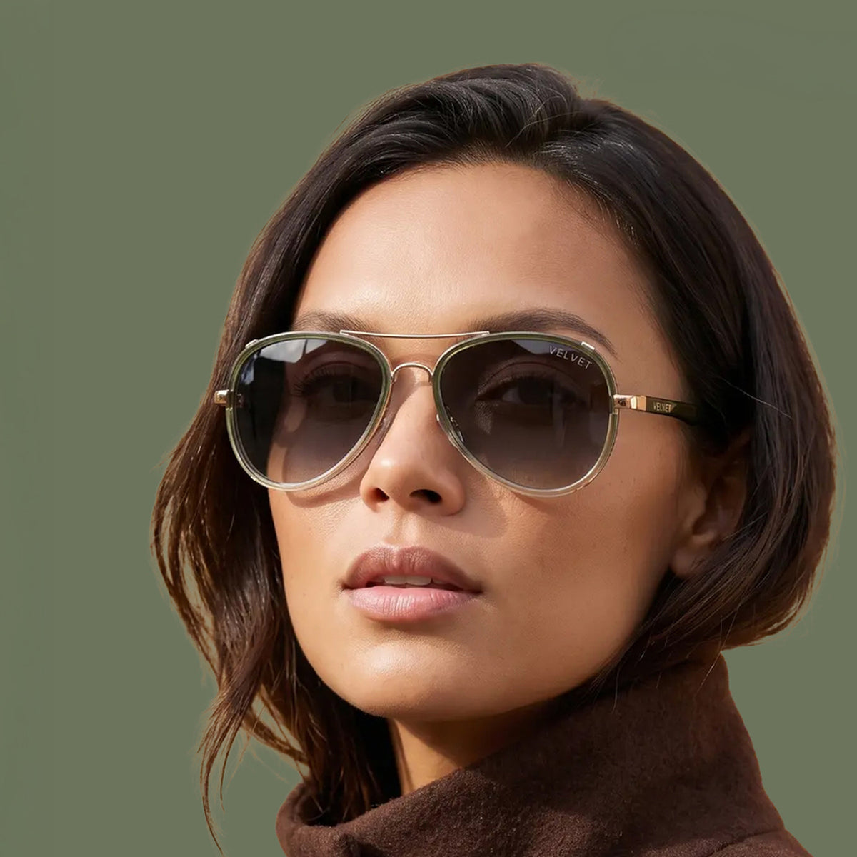 Velvet Eyewear® Gloria mint aviator sunglasses, square portrait for square face shapes and Spring, Summer and Autumn seasonal color palettes, worn by a model