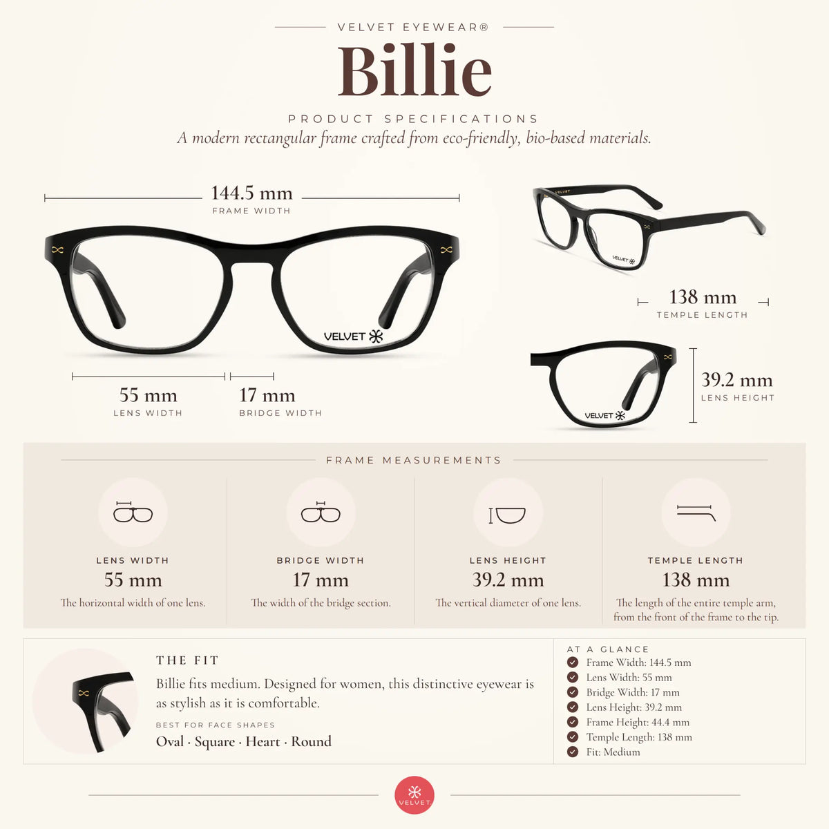 Velvet Eyewear Billie black eyeglasses size guide showing 55-17-138 measurements.