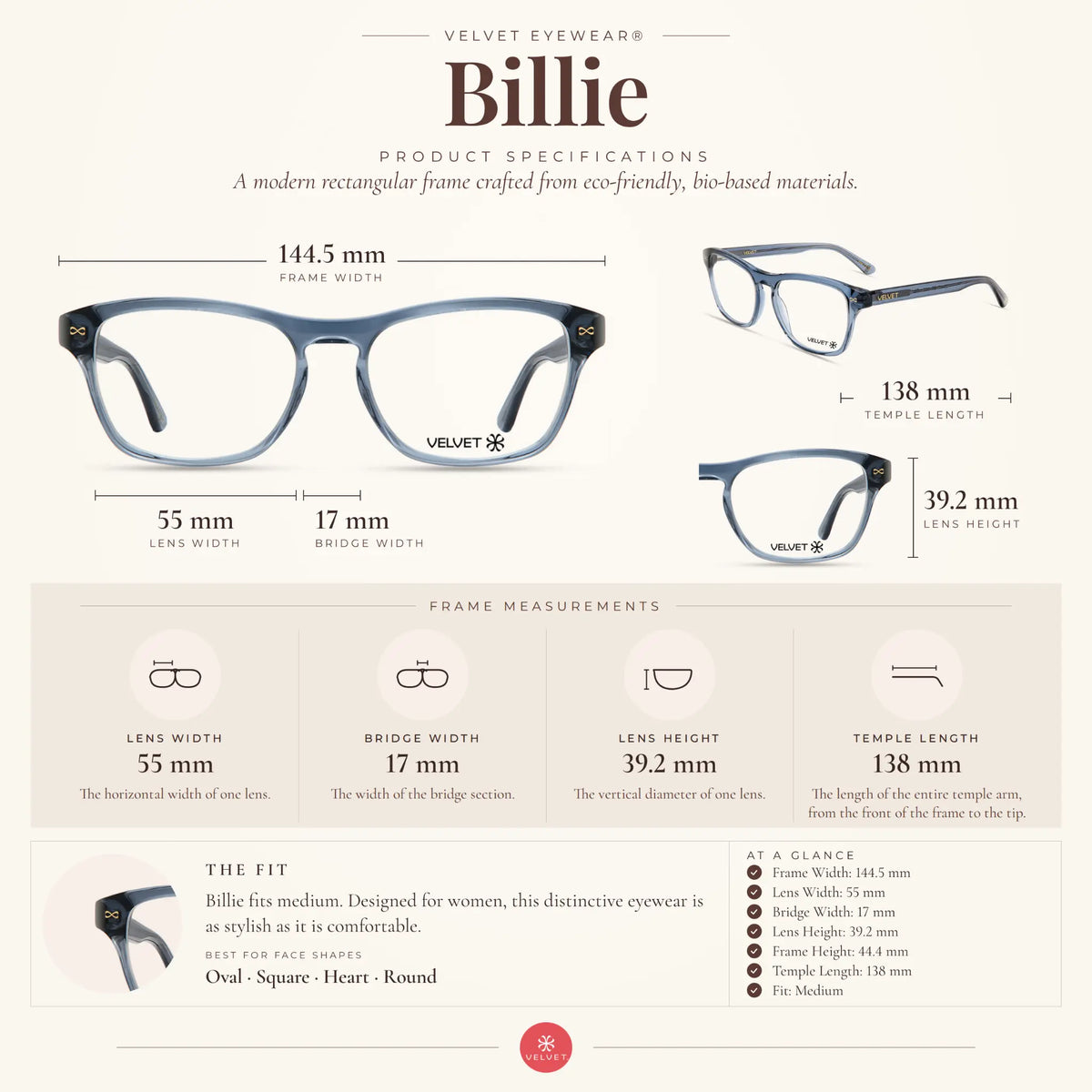Velvet Eyewear Billie crystal blue eyeglasses size guide showing 55-17-138 measurements.