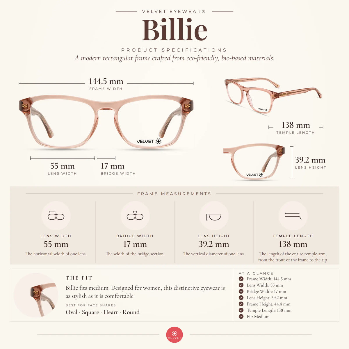 Velvet Eyewear Billie crystal pink eyeglasses size guide showing 55-17-138 measurements.