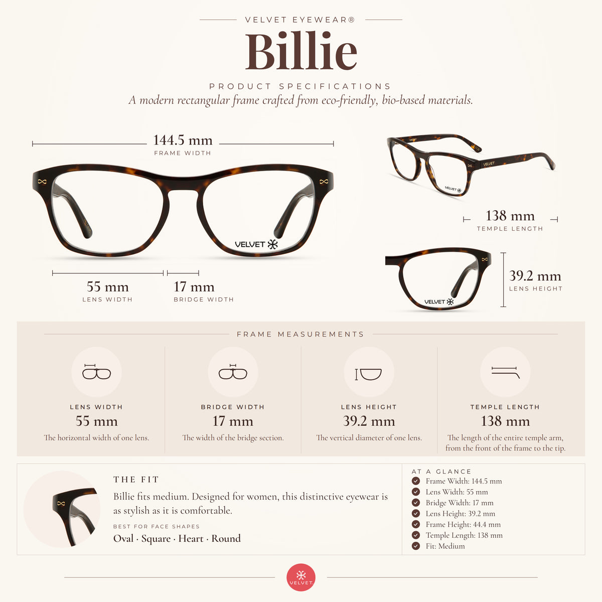 Velvet Eyewear Billie tortoise readers and blue light glasses size guide showing 55-17-138 measurements.