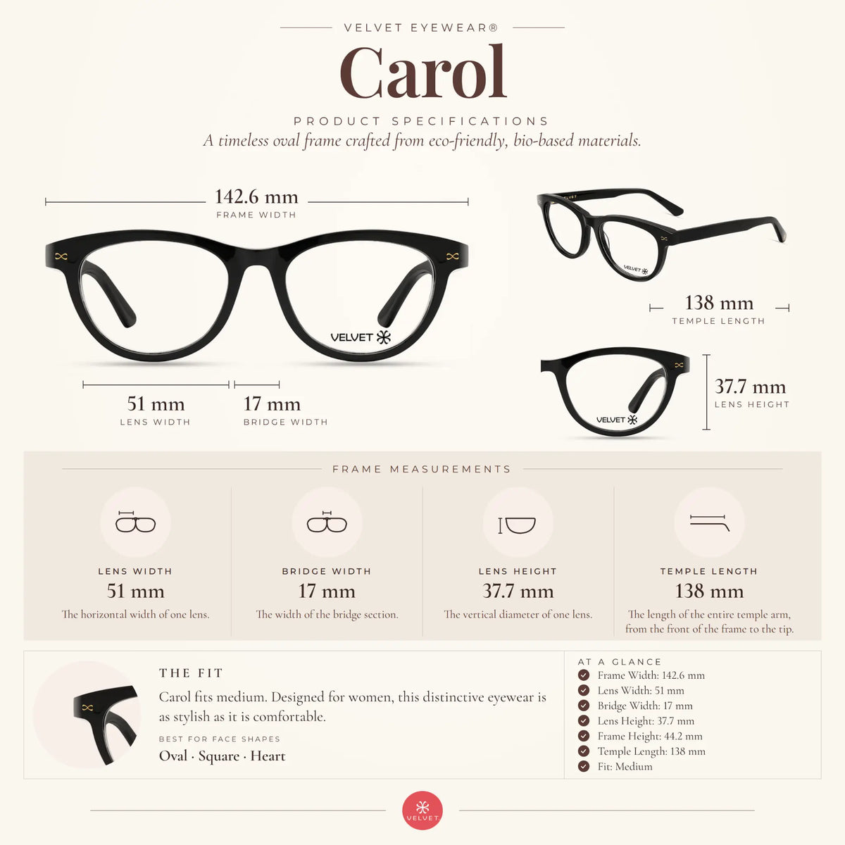 Velvet Eyewear Carol black eyeglasses size guide showing 51-17-138 measurements.
