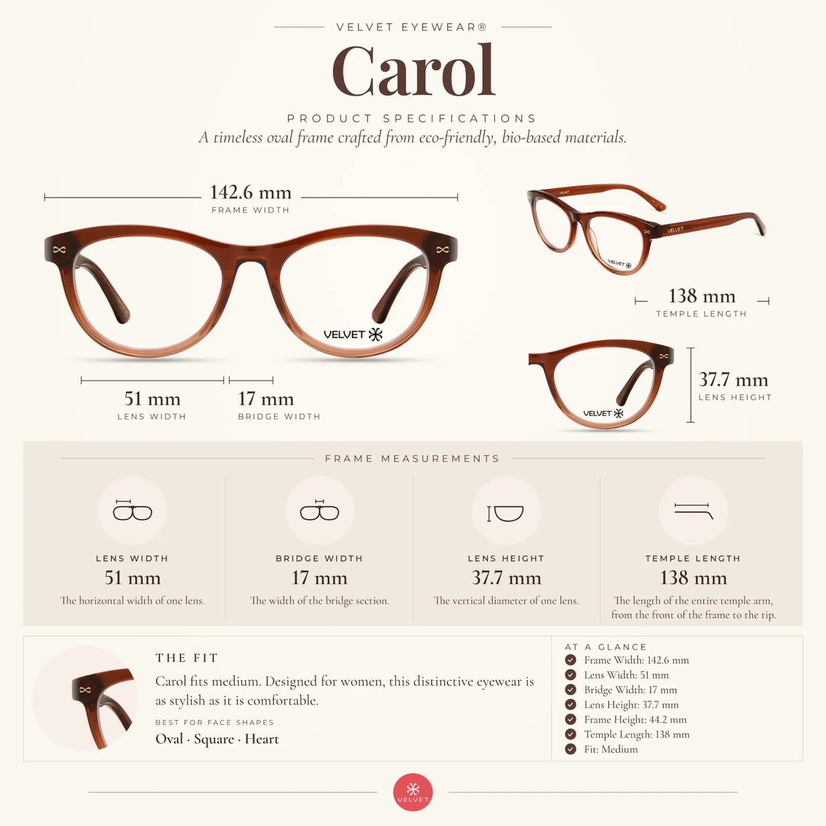 Velvet Eyewear Carol brown eyeglasses size guide showing 51-17-138 measurements.