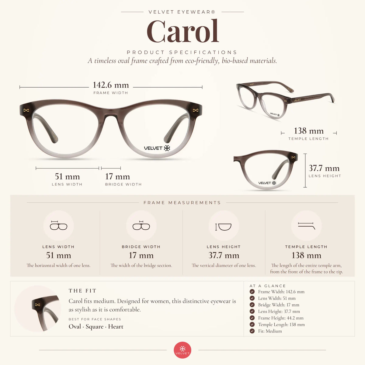 Velvet Eyewear Carol grey eyeglasses size guide showing 51-17-138 measurements.