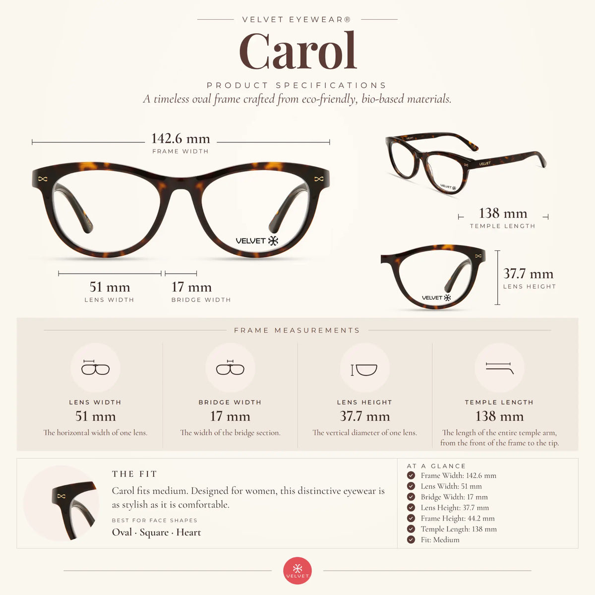 Velvet Eyewear Carol tortoise eyeglasses size guide showing 51-17-138 measurements.