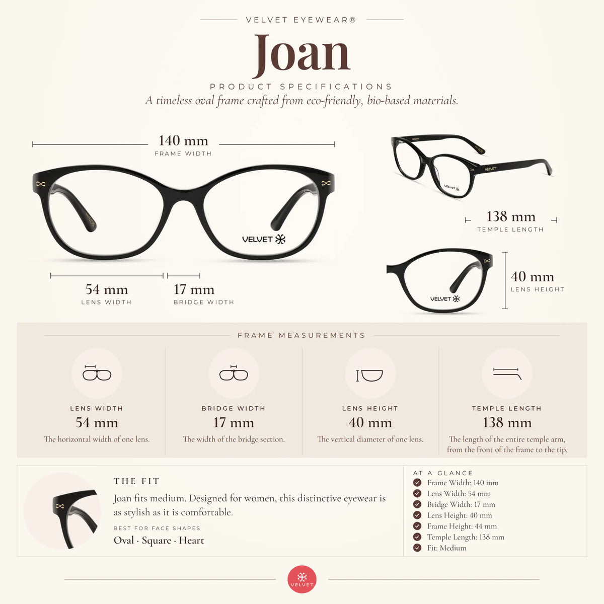 Velvet Eyewear Joan black eyeglasses size guide showing 55-15-138 measurements.