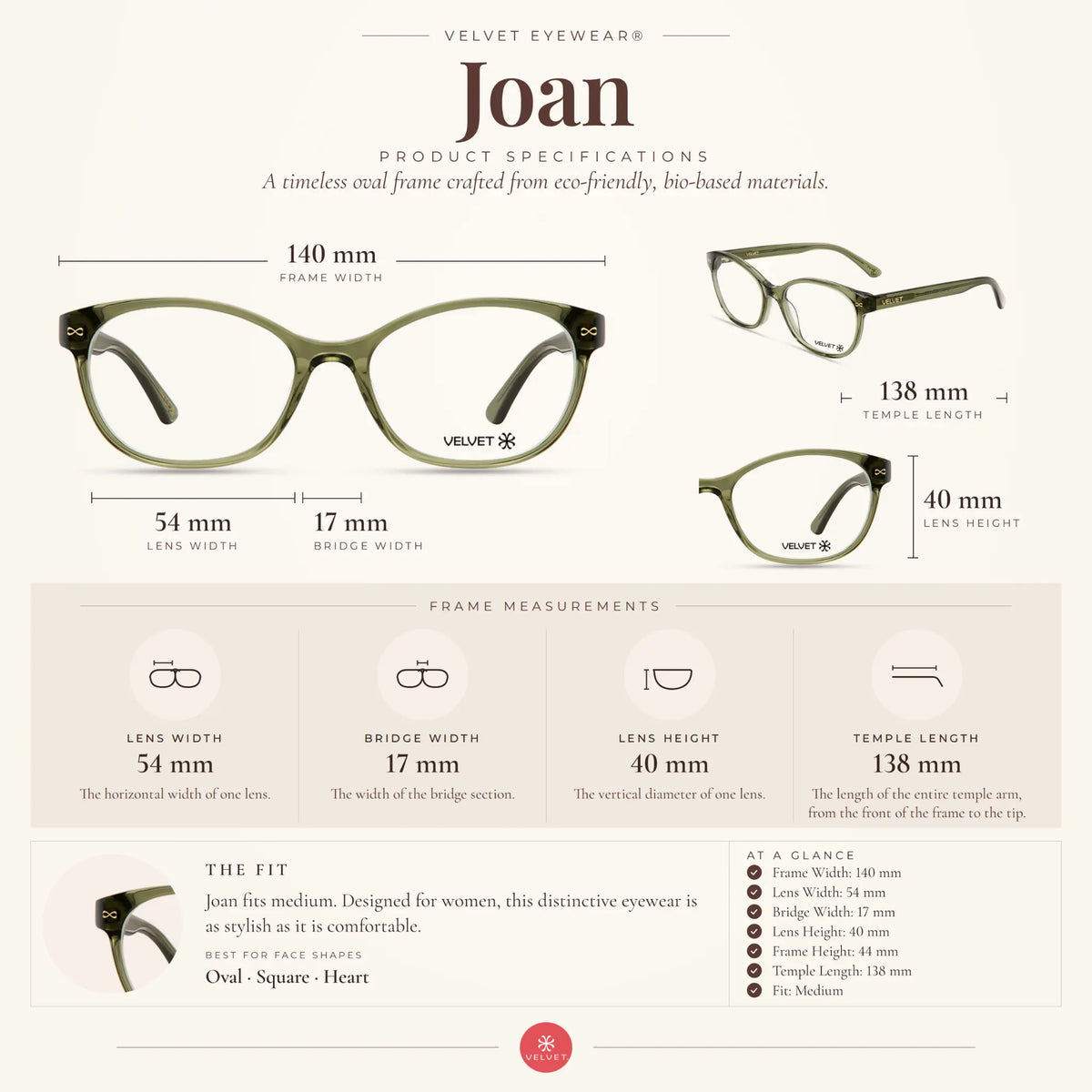 Velvet Eyewear Joan crystal green eyeglasses size guide showing 55-15-138 measurements.