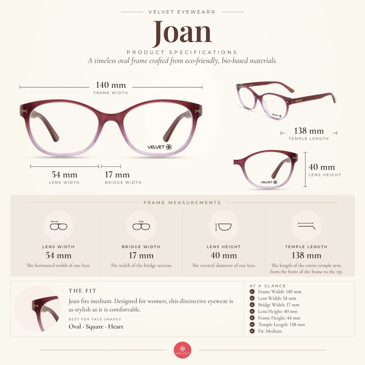 Velvet Eyewear Joan gradient plum eyeglasses size guide showing 55-15-138 measurements.