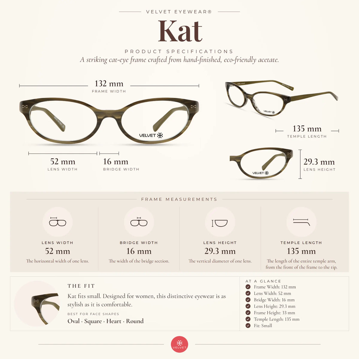 Velvet Eyewear Kat dark olive readers and blue light glasses size guide showing 52-16-135 measurements.