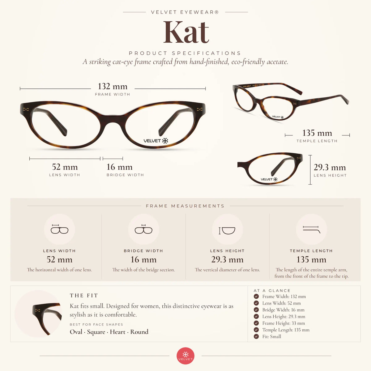 Velvet Eyewear Kat tortoise readers and blue light glasses size guide showing 52-16-135 measurements.