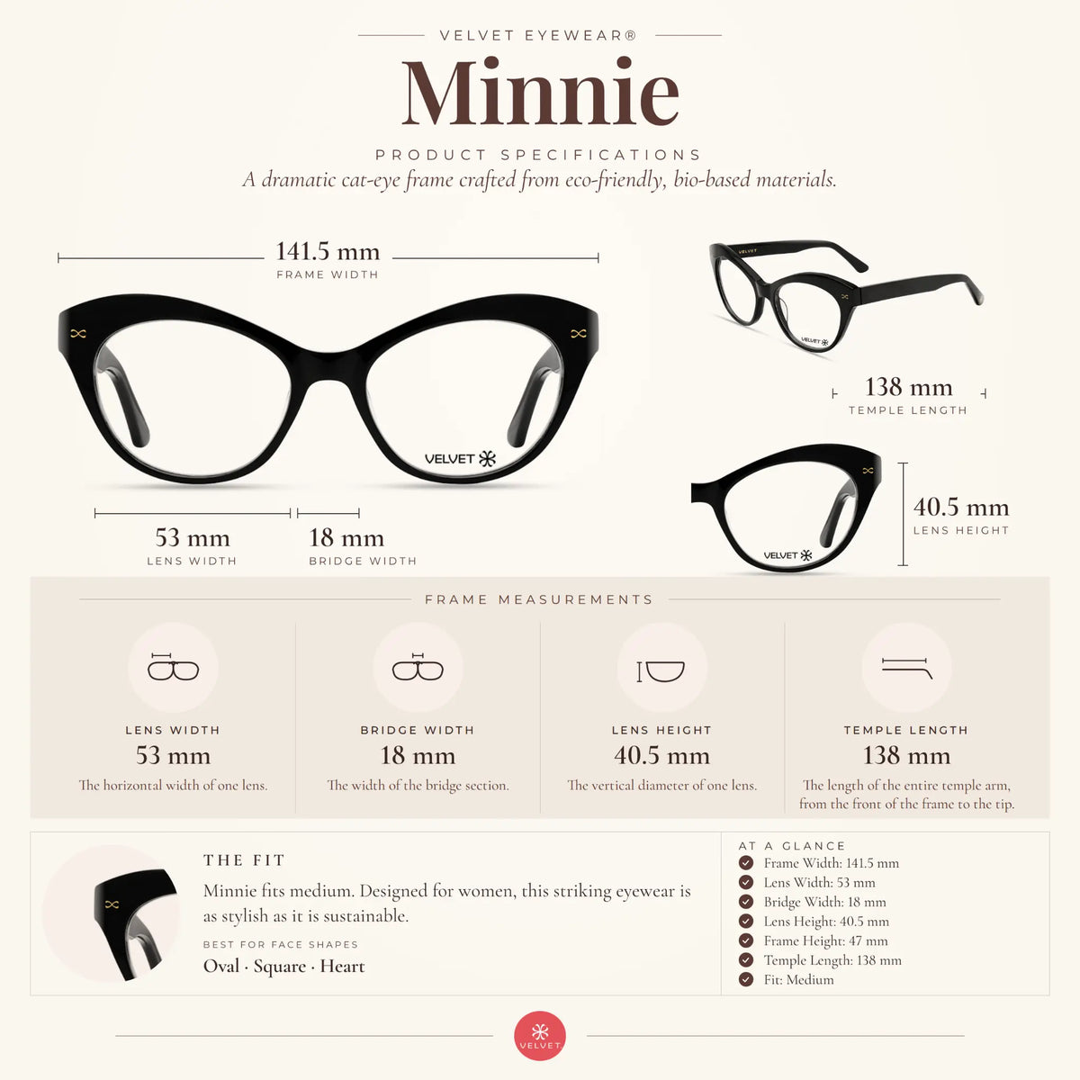 Velvet Eyewear Minnie black eyeglasses size guide showing 53-18-138 measurements.