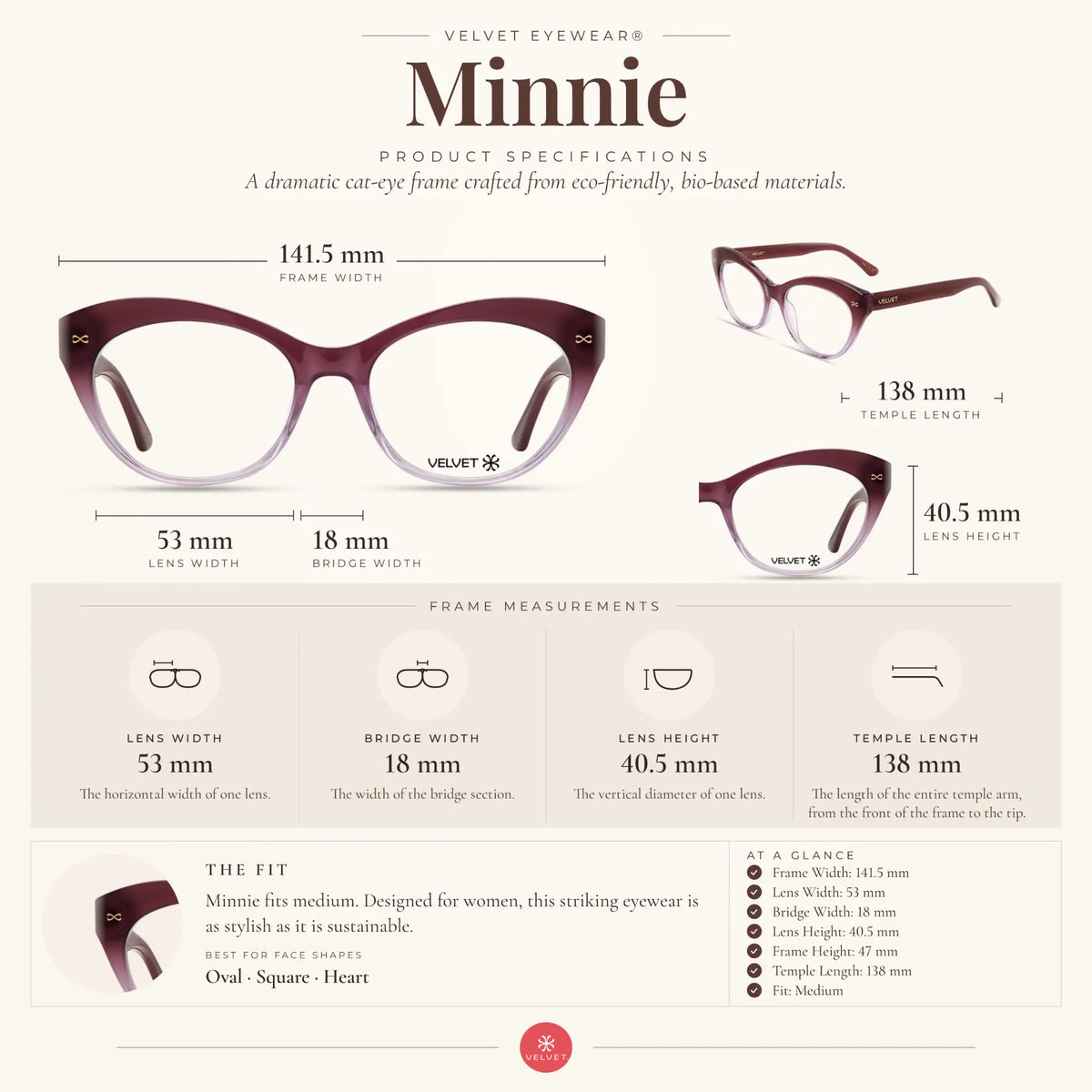 Velvet Eyewear Minnie gradient plum eyeglasses size guide showing 53-18-138 measurements.
