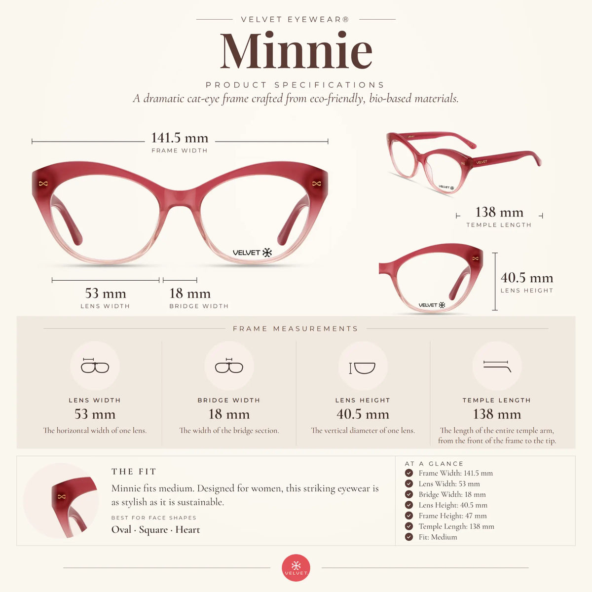 Velvet Eyewear Minnie gradient red readers and blue light glasses size guide showing 53-18-138 measurements.