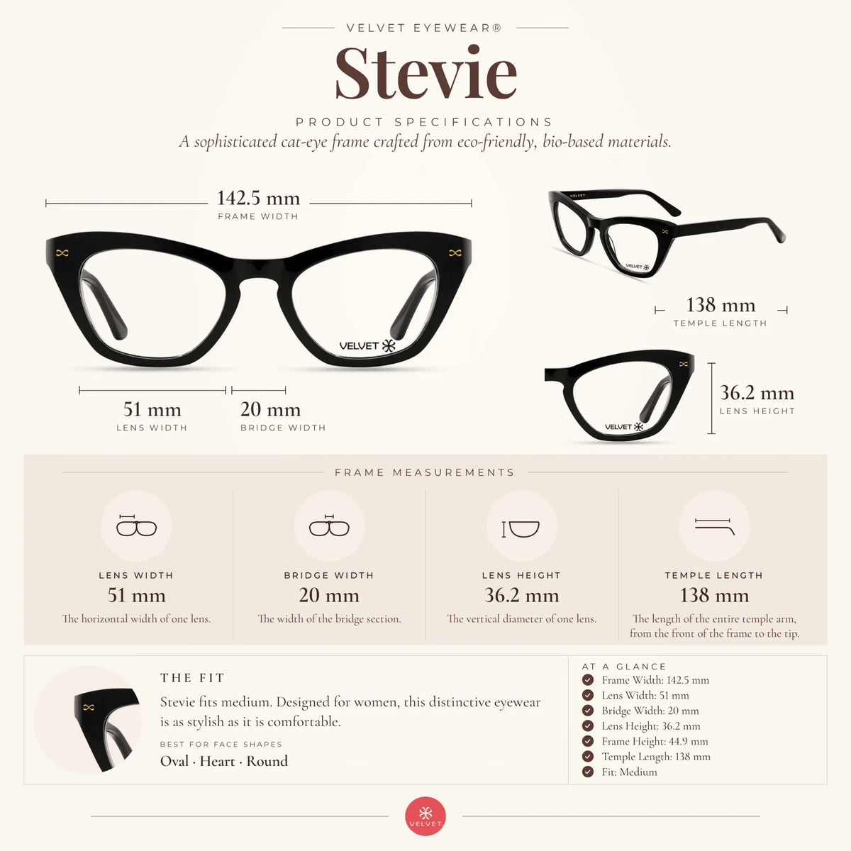 Velvet Eyewear Stevie black readers and blue light glasses size guide showing 51-20-138 measurements.