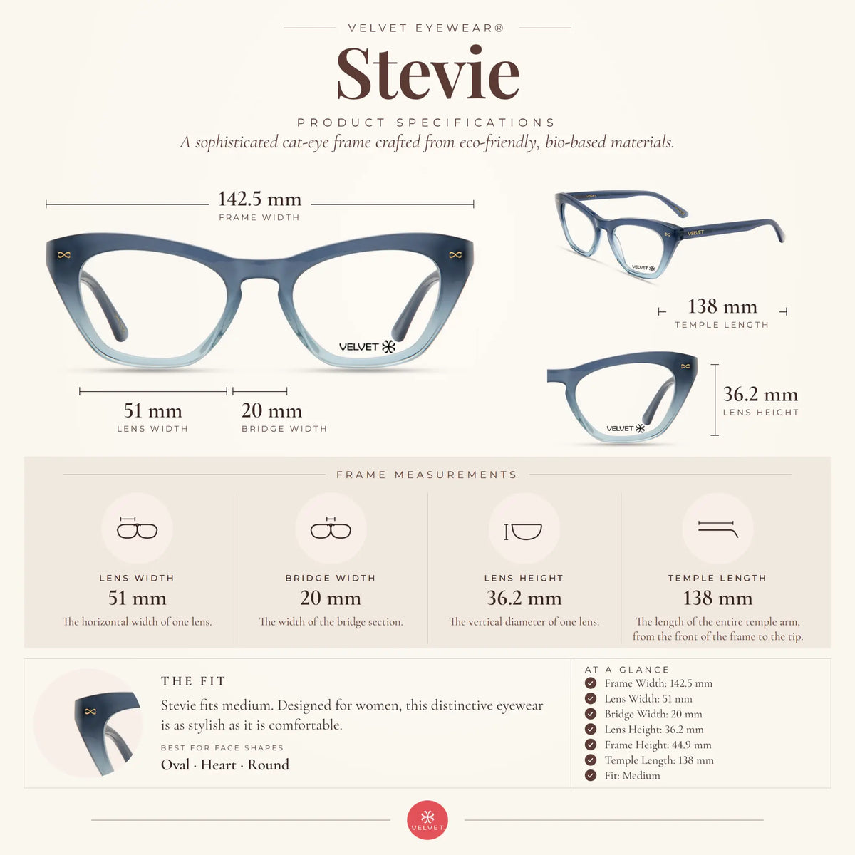 Velvet Eyewear Stevie gradient blue readers and blue light glasses size guide showing 51-20-138 measurements.