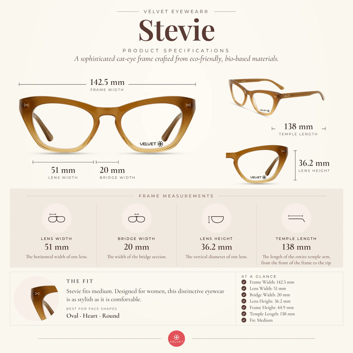 Velvet Eyewear Stevie gradient brown readers and blue light glasses size guide showing 51-20-138 measurements.