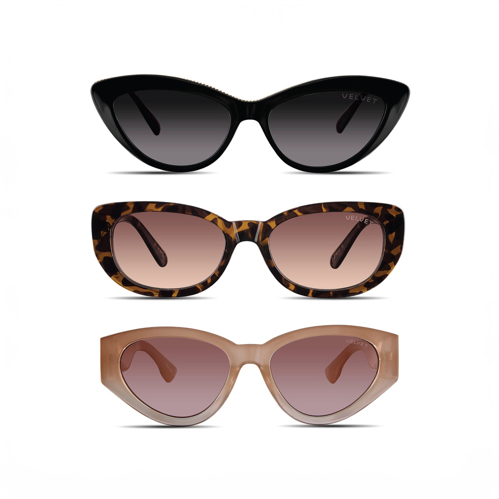 Shop this set of three sunglasses curated for a woman that wears small cat eye styles