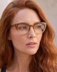 Stevie Bio-Based, eco friendly optical frames for women. Fits all face shapes. Best for Autumn and Summer seasonal color palette. Model photo.