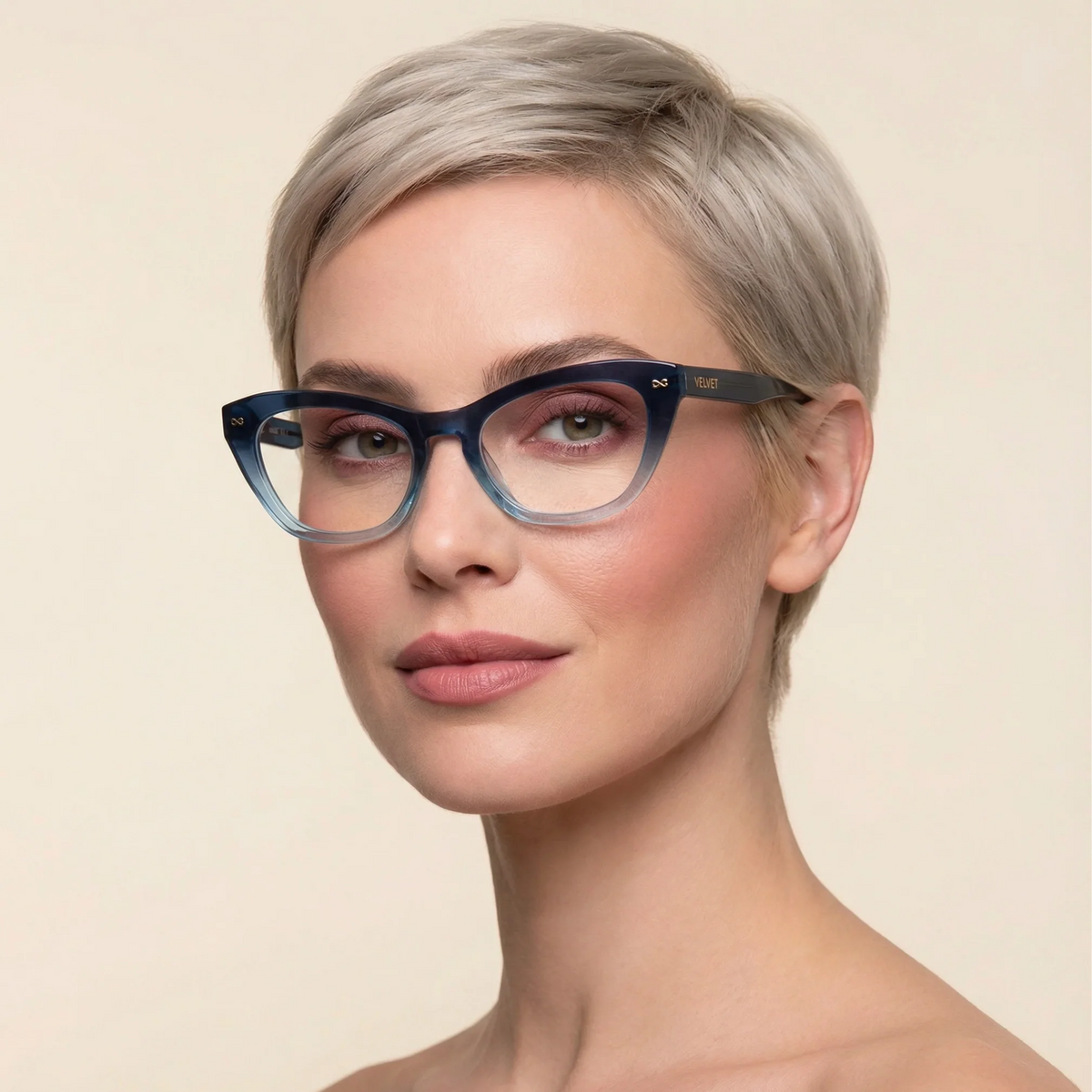 Stevie Gradient Blue bio-based cat-eye readers and blue light glasses for women, medium fit 51-20-138.
