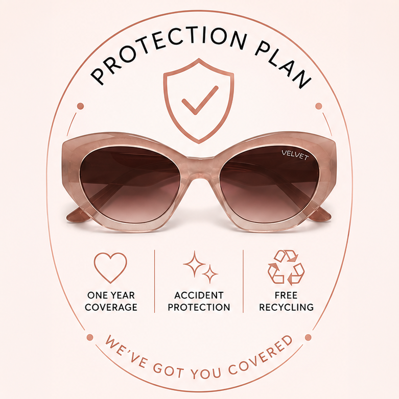 Velvet Eyewear® Sunglass Protection Plan providing one year of accidental damage coverage for sunglasses and lenses