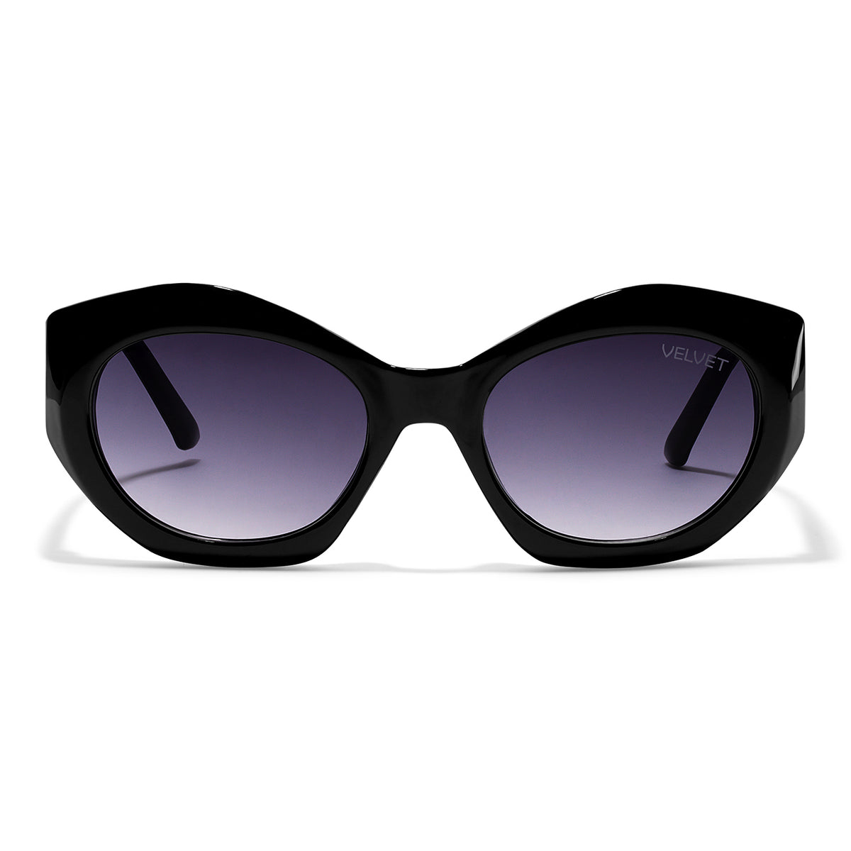 Velvet Eyewear sunglass style Alice in Black; straight-on front view of the cat-eye sunglasses. Best for Oval, Square, and Heart Face Shapes. Best for all seasonal color palettes.
