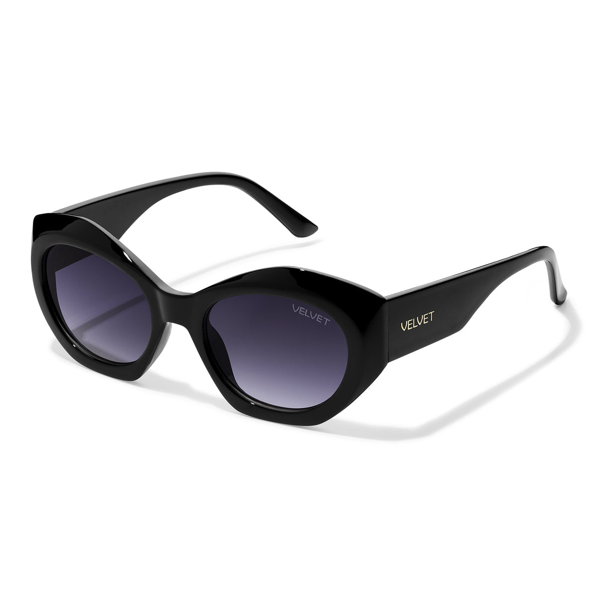 Velvet Eyewear sunglass style Alice in Black; angled side view of the cat-eye sunglasses. Best for Oval, Square, and Heart Face Shapes. Best for all seasonal color palettes.