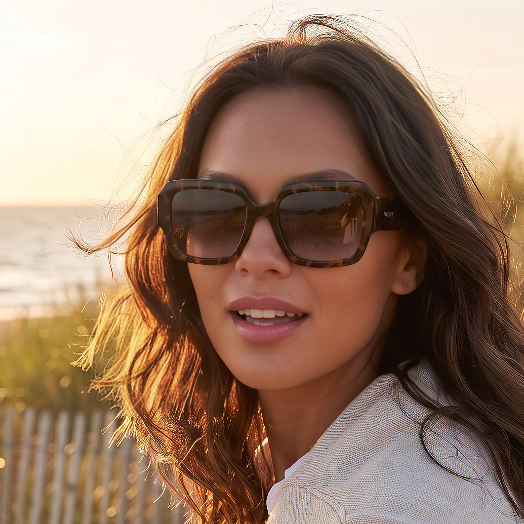 Model view of Velvet Eyewear polarized sunglass style Angel in tortoise. Best fit for round, oval, and heart face shapes. Good for all seasonal color palettes.