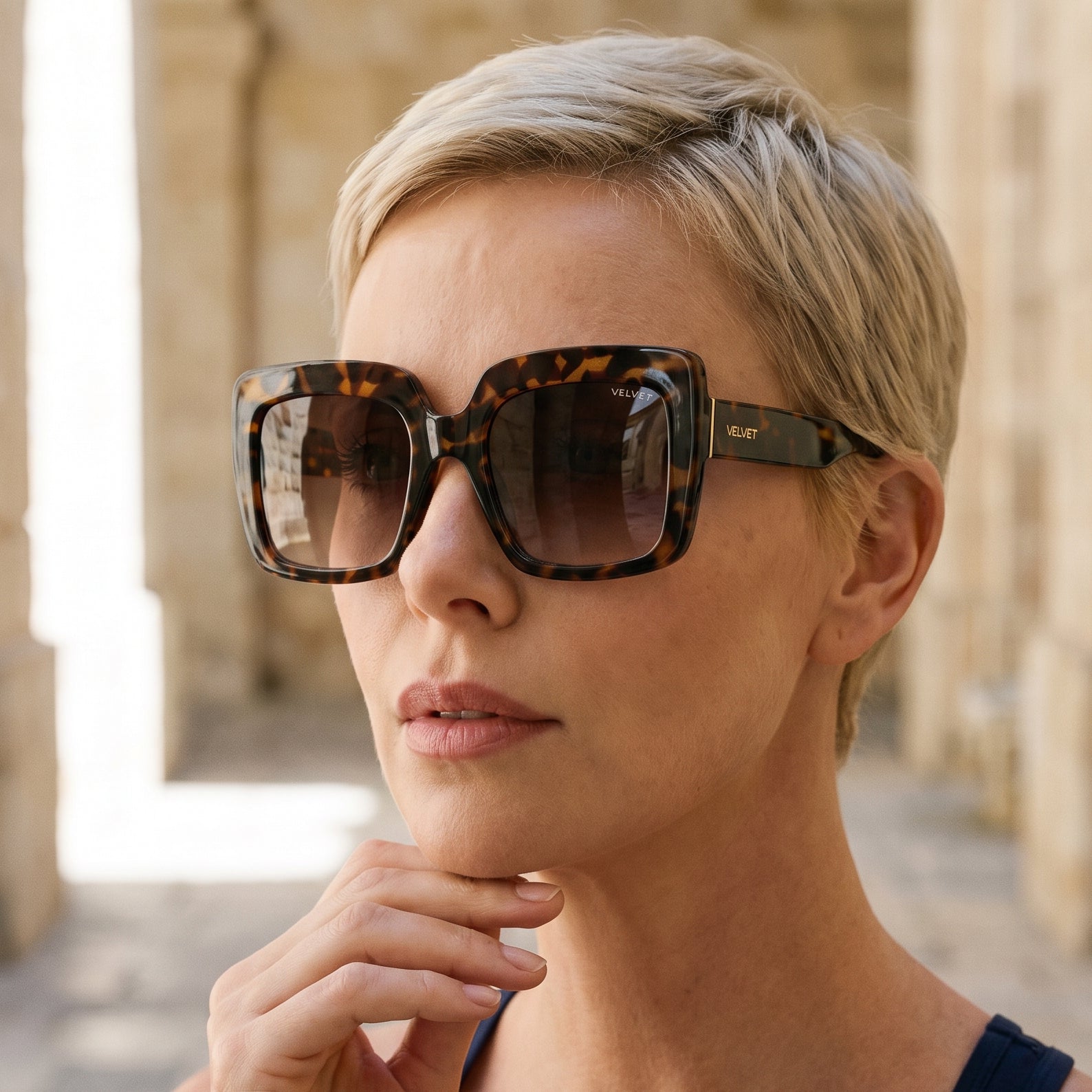 Gina for Women by Velvet Eyewear. Best for Oval, Heart, and Round Face Shapes. Winter and Autumn Palette. Worn by model.
