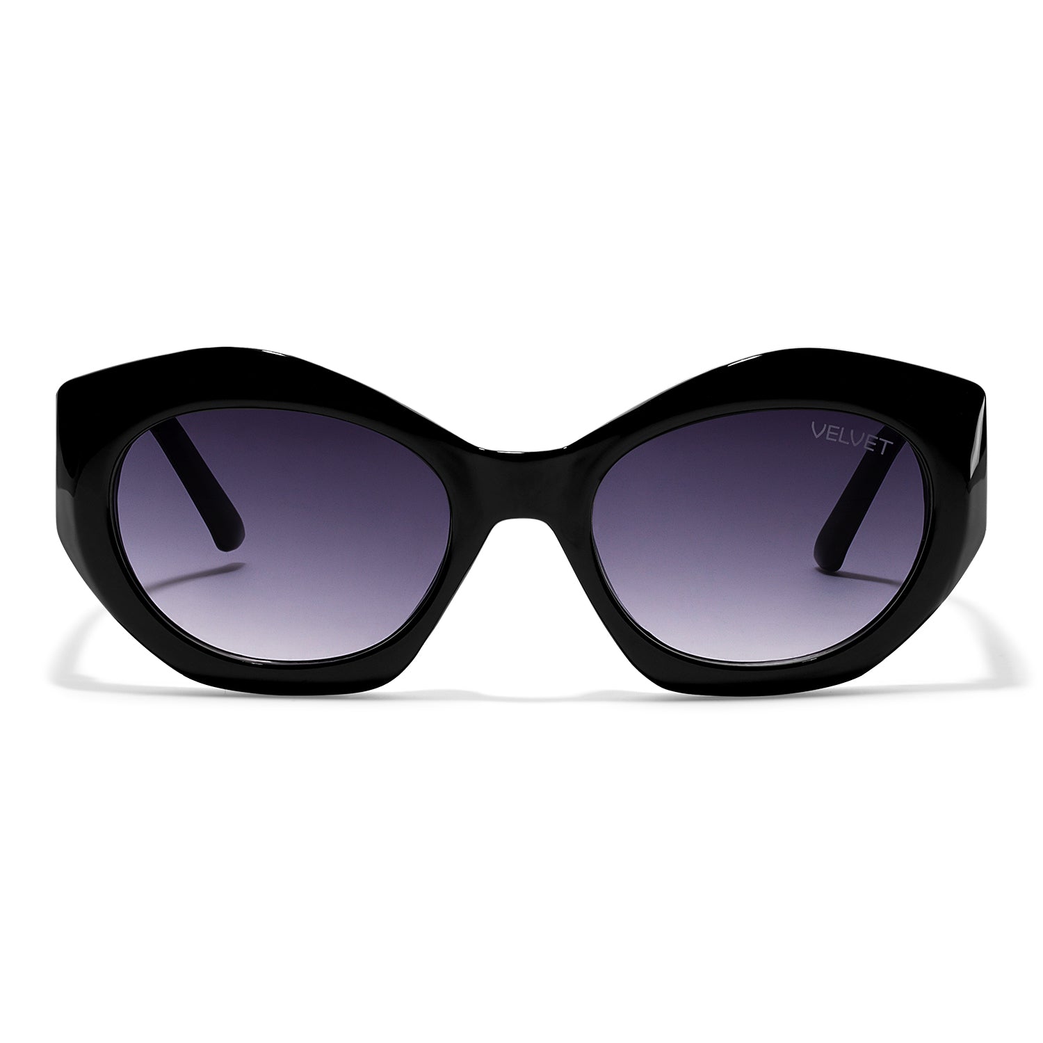 Black cat eye polarized sunglass style Alice by Velvet Eyewear. Designed for Oval, Square, and Heart Face Shapes. Great for all seasonal color palettes. Front view.