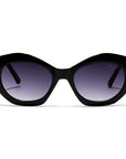 Black cat eye polarized sunglass style Alice by Velvet Eyewear. Designed for Oval, Square, and Heart Face Shapes. Great for all seasonal color palettes. Front view.