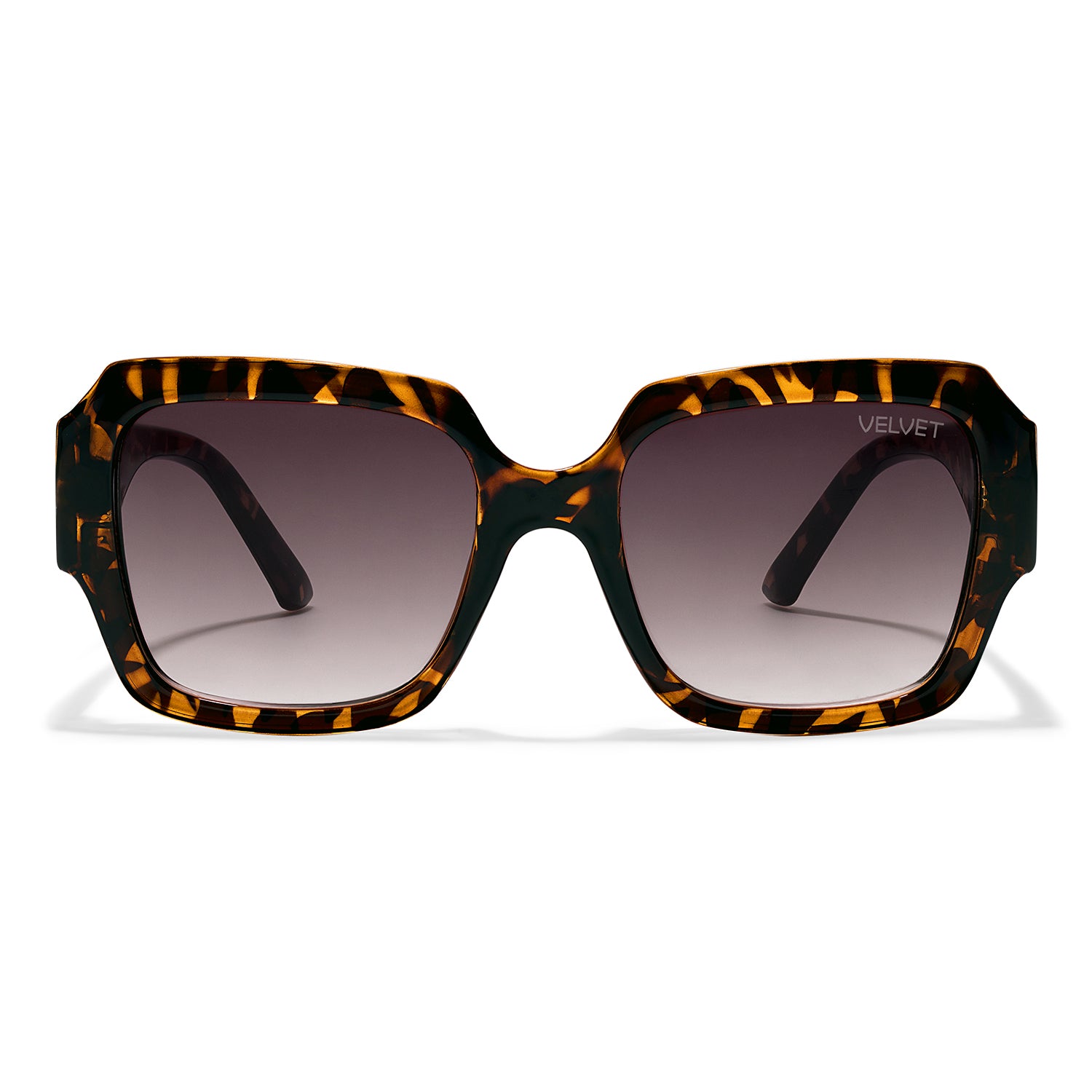 Front view of Velvet Eyewear polarized sunglass style Angel in tortoise. Best fit for round, oval, and heart face shapes. Good for all seasonal color palettes.