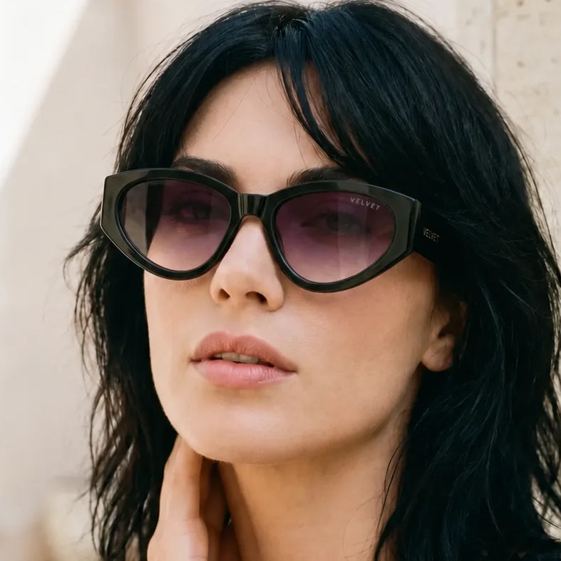 Rosa for Women by Velvet Eyewear. Best for Oval, Square, and Heart Face Shapes. Winter, Summer, and Spring Palette. Model photo.